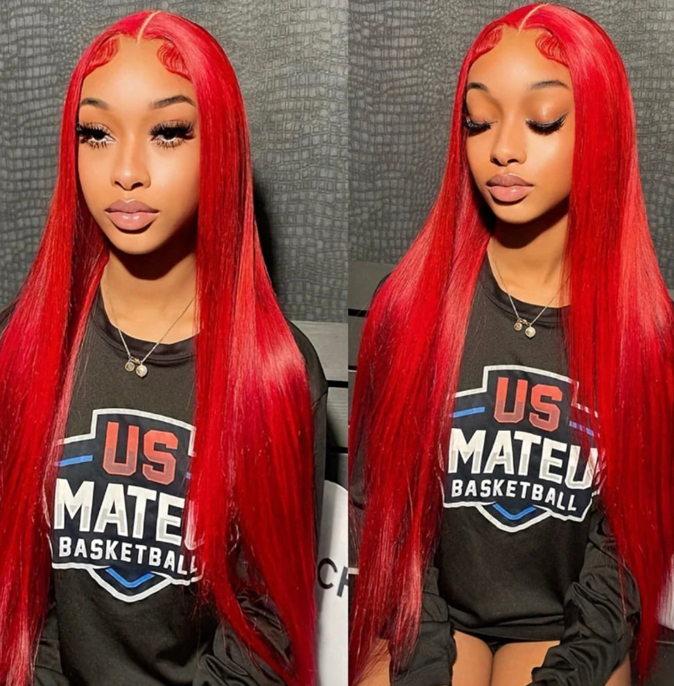 Glossy Red 13x4 HD Transparent Human Hair Lace Frontal Wig – The Baddie  Obsession
